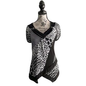 🇨🇦 Frank Lyman Patchwork Animal Print Asymmetric Top | Black and White | Size 10
